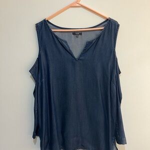 NYDJ Women's Dark Blue Denim Cold Shoulder Blouse